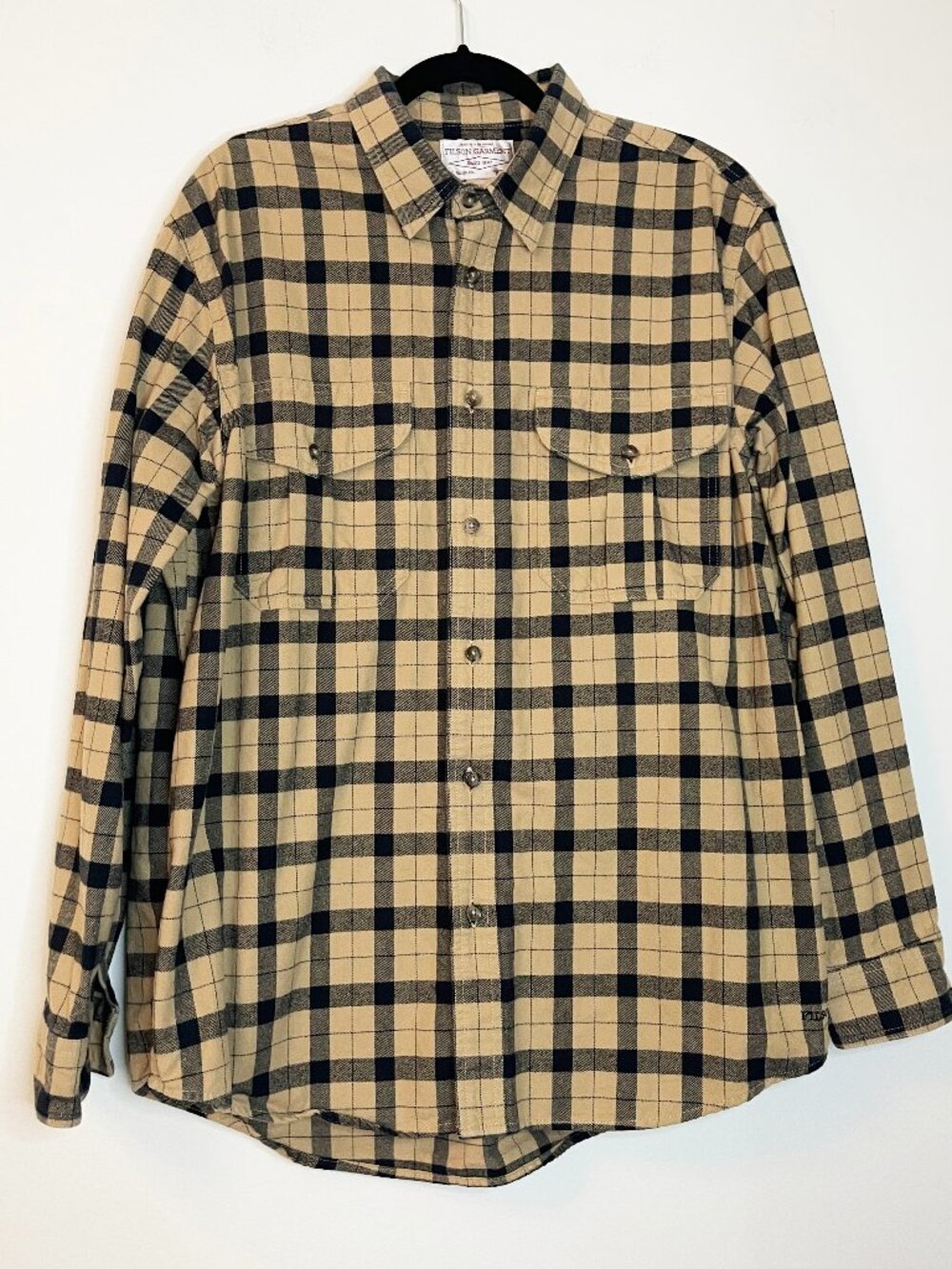 Filson Garment XL Tan Black Plaid Flannel Work Shirt 100% Cotton Button Front